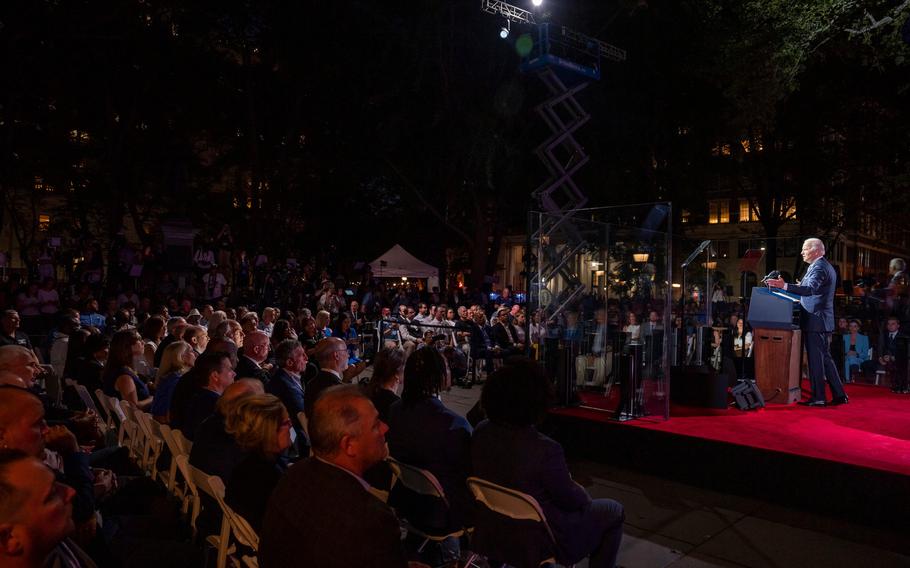 President Joe Biden gives a prime-time speech in Philadelphia on Thursday, Sept. 1, 2022.