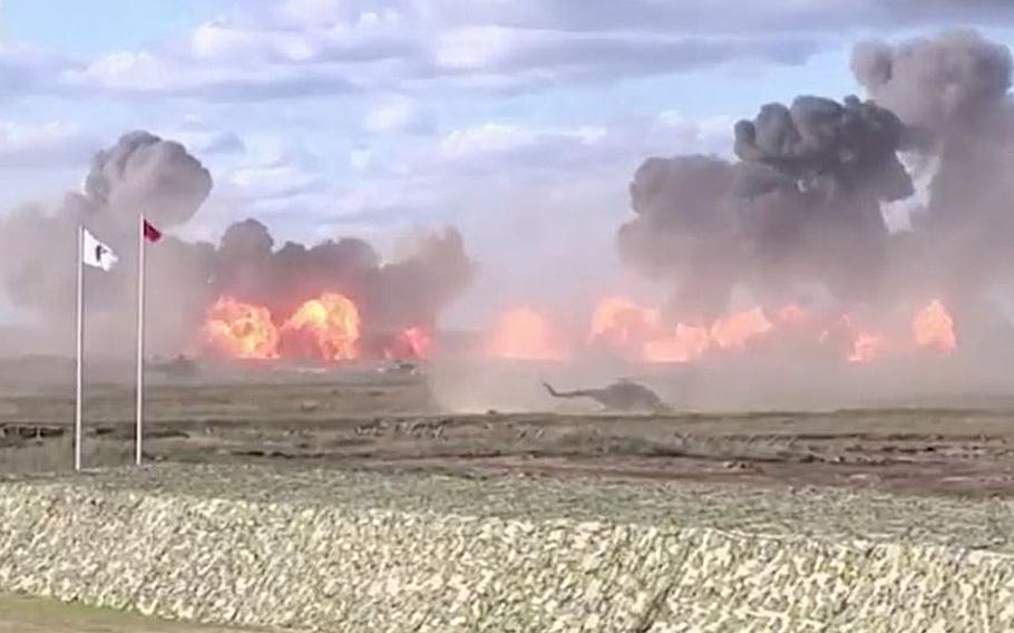 A video screen grab shows an image taken from a Russian live-fire war games held on Sept. 13, 2021.