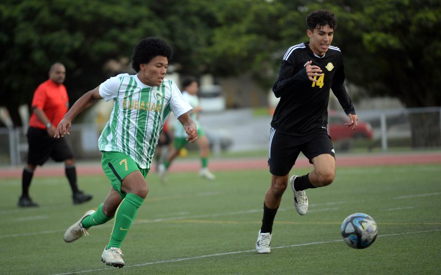 Jyunia Darson and Gabriel Cedeno follow the ball.
