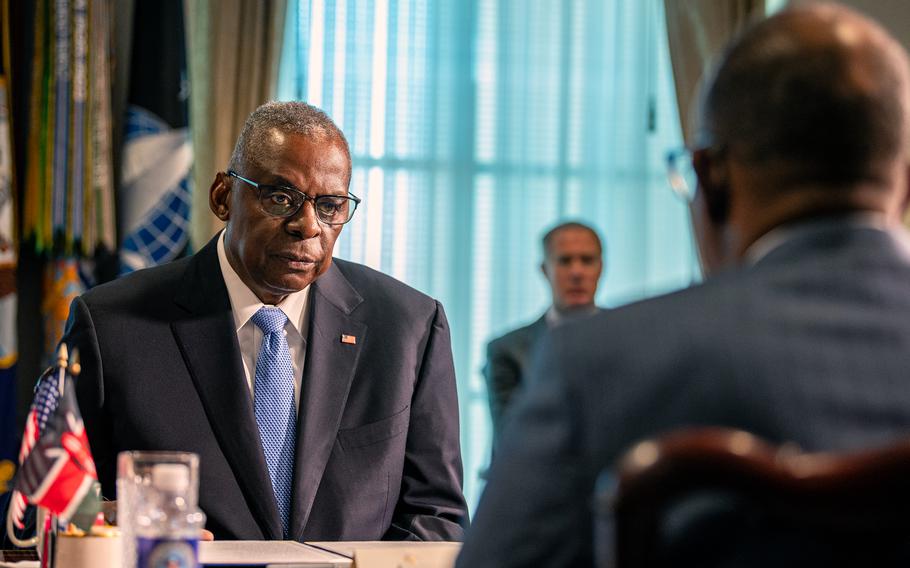 Defense Secretary Lloyd Austin and Kenyan Minister of Defense Aden Duale meet at the Pentagon on Wednesday, Feb. 7, 2024. 