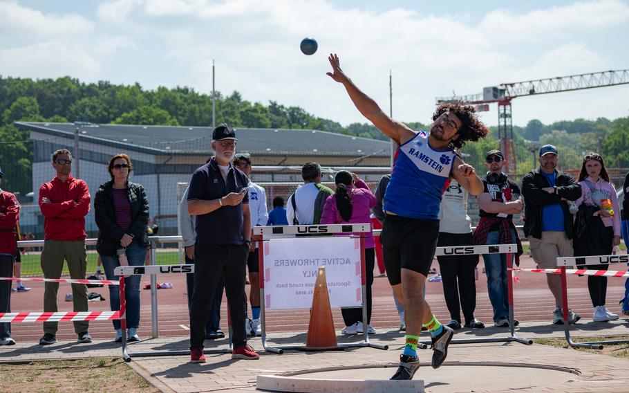 Blaze Mills of Ramstein High School placed third in the boys shot put competition at the 2025 DODEA European Track and Field Championships on May 22, 2025, with a throw of 42 feet 10 ¾ inches.