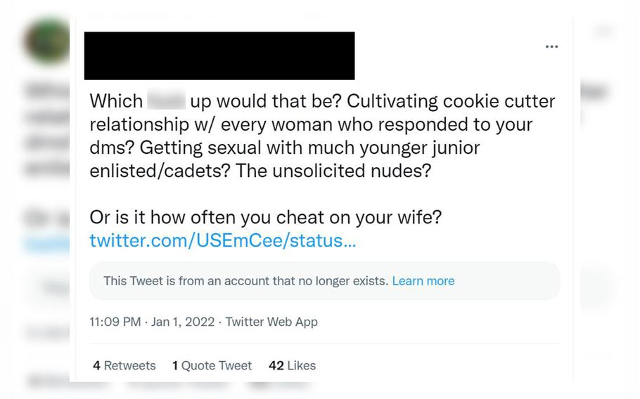 A Twitter user accused a Marine operating the account @USEmCee of lies, manipulation and inappropriate behavior online, as well as infidelity in the real world, Jan. 1, 2022.
