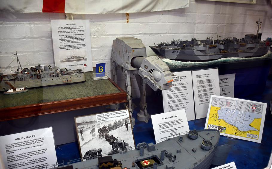 The Felixstowe Museum’s exhibits include a model room displaying vehicles used by the British military over the years. The museum staff also places fun miniature figures from fictional works, such as the “Star Wars” films’ All Terrain Armored Transport seen here.