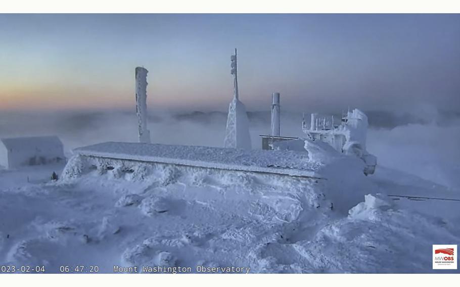 A screen grab from a video web cam shows weather conditions at the Mount Washington Observatory in New Hampshire at 6:47 a.m. on Saturday, Feb. 4, 2023. Wind chill temperatures at the site hit minus-109F, a new record low for the entire United States.