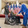 Sgt. Joseph J. Drake, center, is greeted by Secretary of Defense Pete Hegseth on Thursday, June 26, 2025, in Washington during a Congressional Gold Medal ceremony honoring U.S. Army Ranger veterans of World War II in Emancipation Hall at the U.S. Capitol.
(Eric Kayne/Stars and Stripes)