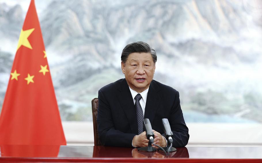 In this photo released by Xinhua News Agency, Chinese President Xi Jinping delivers a keynote speech in virtual format for the opening ceremony of the BRICS Business Forum on Wednesday, June 22, 2022. 