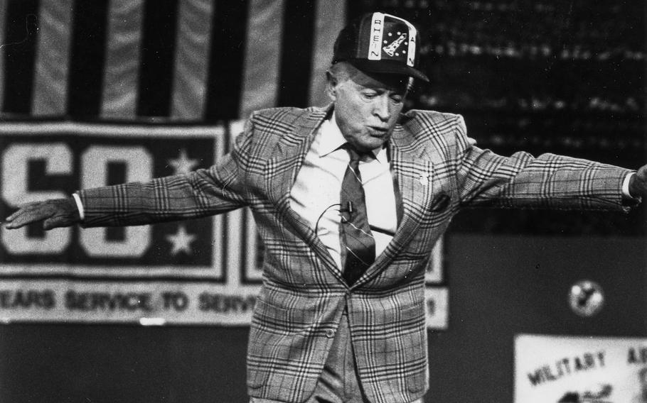 May, 1990: Bob Hope dances onstage during a USO show at Rhein-Main AB.