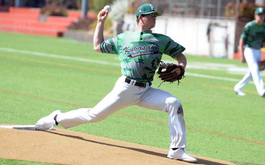 Kubasaki right-hander Lukas Gaines delivers in Saturday’s 6-4 win over St. Mary’s. Gaines got the win with six innings of work.