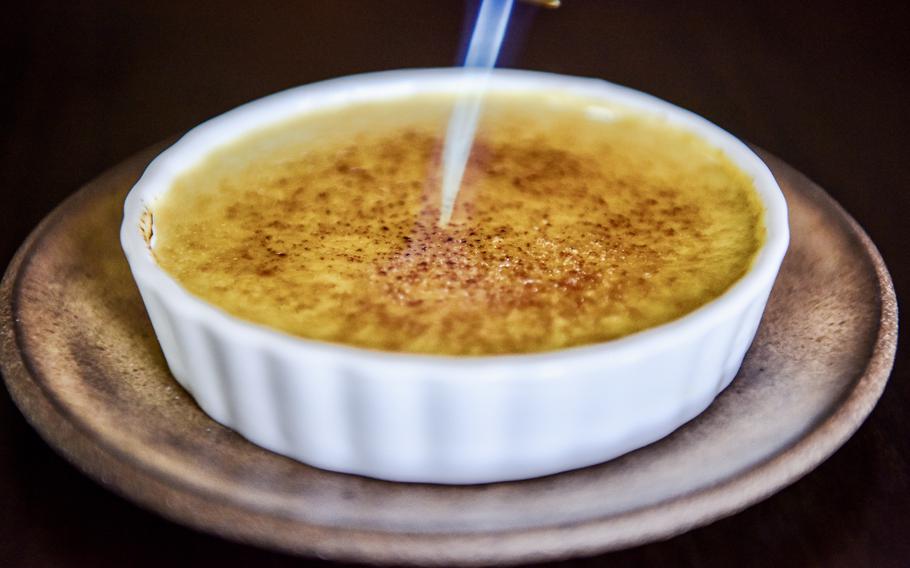 The maple spiced creme brulee, with a creamy cardamom and saffron custard, and hints of cinnamon, is a delicious dessert option at Petiole Cafe in Bahrain.