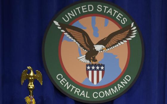 The seal for the U.S. Central Command is displayed on Feb. 6, 2017, at MacDill Air Force Base in Tampa, Fla.