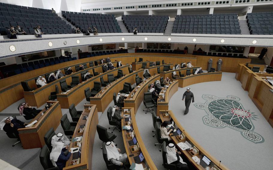  Lawmakers attend a session of Kuwait’s National Assembly, in Kuwait City, Feb. 8, 2022. Kuwait’s government resigned on Monday, Jan. 23, 2023, amid a power struggle with the Arab Gulf country’s assembly less than four months after parliamentary elections delivered a mandate for change. 