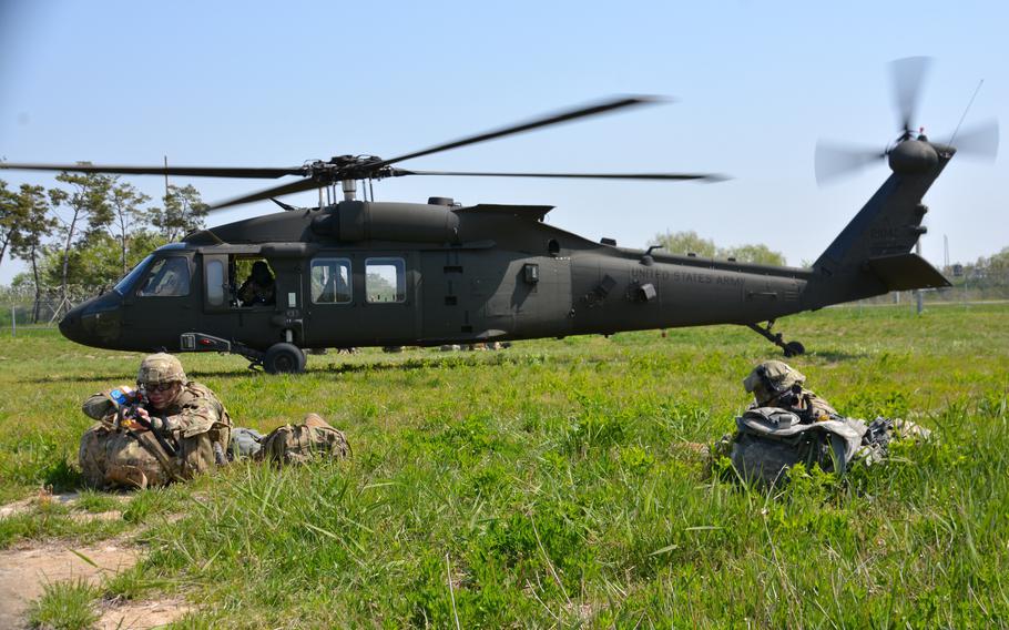 Soldiers with the 2nd Infantry Division conduct an air assault exercise during the Warrior Week competition at Camp Humphreys, South Korea, Wednesday, May 4, 2022. 