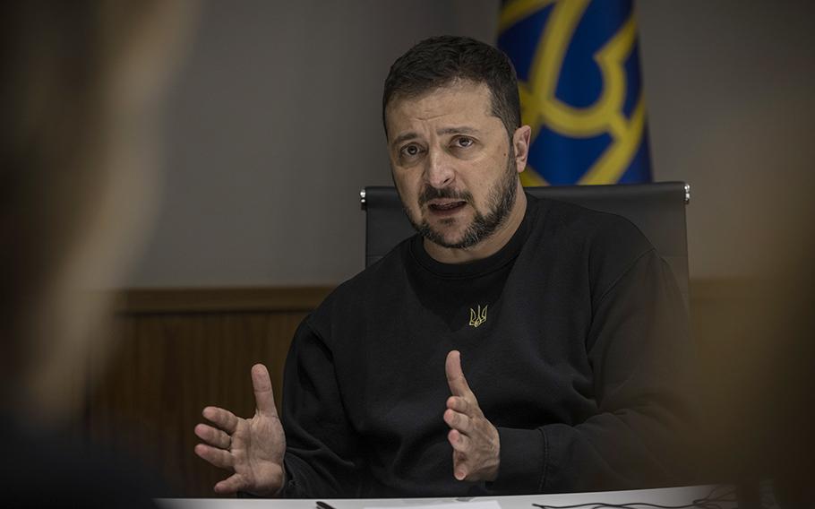 Ukrainian President Volodymyr Zelensky speaks to Washington Post journalists in Kyiv on May 1. 