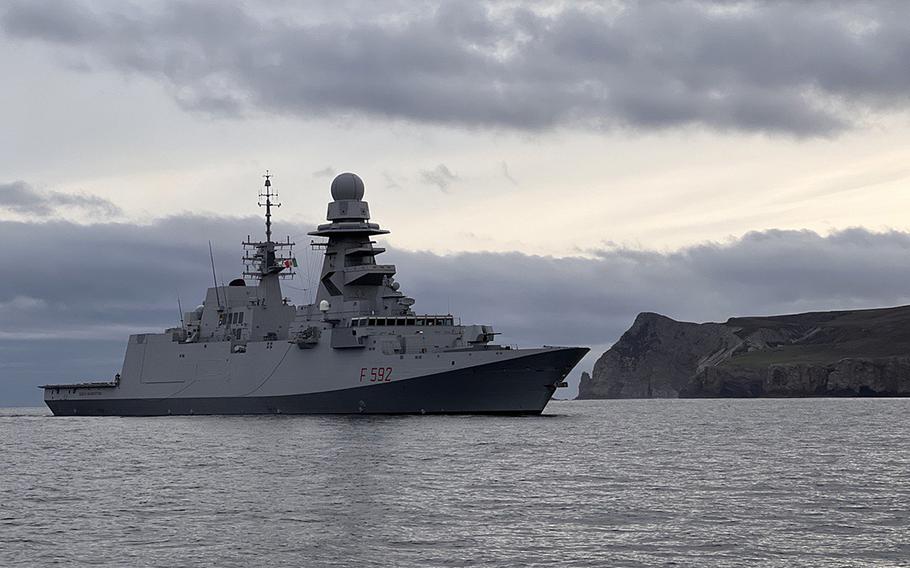 The Italian navy frigate Carlo Margottini sails in the Atlantic Ocean on May 15, 2023, during exercise Formidable Shield. Participation in the exercise allowed the Margottini to evaluate its defense systems and crew performance against Russian weaponry, an Italian navy spokesperson said.