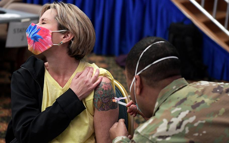 A Department of Defense Education Activity teacher receives a COVID-19 vaccine this spring at Osan Air Base, South Korea. 