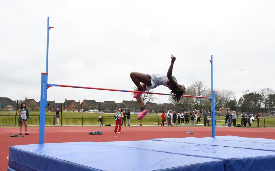 AFNORTH’s Hermyli Campbell clears the high jump at 4 feet, 7 inches on Saturday, March 18, 2023. Campbell’s efforts landed her first place in the high jump - helping the Lions sweep all the jump events in the 2023 track season opener. 