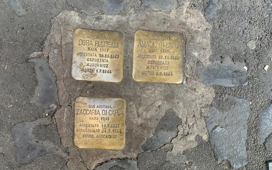 These bronze pietre d’inciampo, or stumbling stones, placed near homes in Rome's Jewish Ghetto memorialize victims of the Holocaust. The stones can be seen throughout the ghetto and in other locations in Rome.