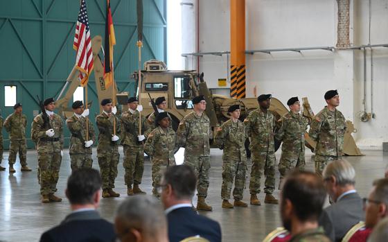 Soldiers from the 21st Sustainment Command stand in formation during the 7th Engineering Brigade’s reactivation ceremony Thursday, July 27, 2023, at Katterbach Kaserne in Ansbach, Germany.