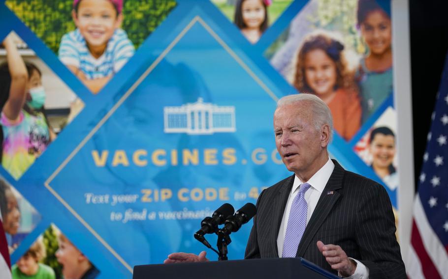 FILE - President Joe Biden talks about the newly approved COVID-19 vaccine for children ages 5-11 from the South Court Auditorium on the White House complex in Washington, Wednesday, Nov. 3, 2021.  Millions of health care workers across the U.S. were supposed to have their first dose of a COVID-19 vaccine by this coming Monday, Dec. 6 under a mandate from President Joe Biden’s administration. But that has been placed on hold by federal judges. 