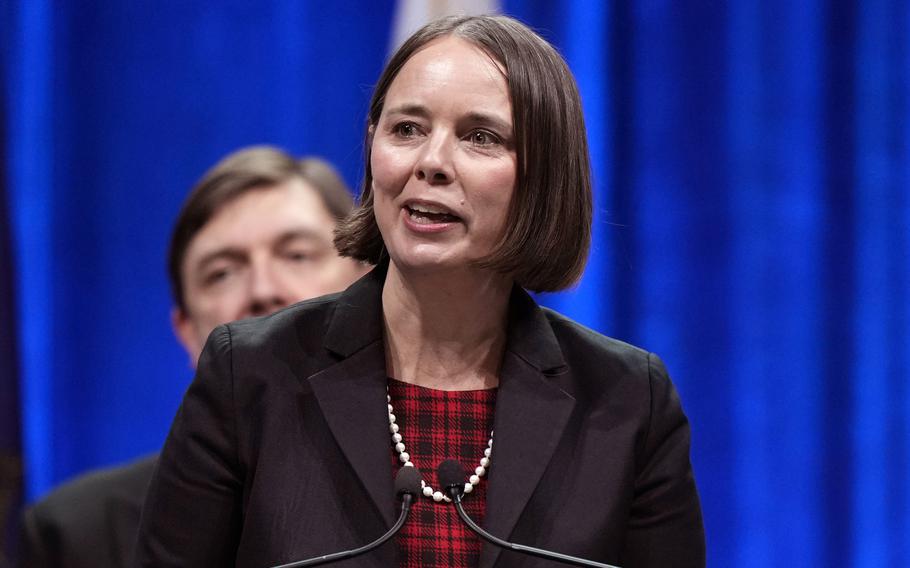 Maine Secretary of State Shenna Bellows speaks at an event in Augusta on Jan. 4, 2023.