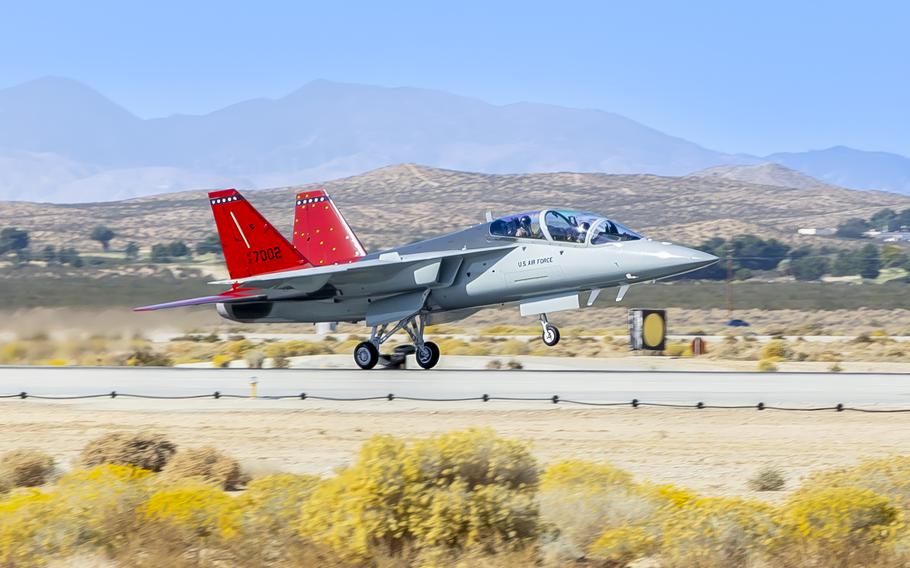 The first T-7A Red Hawk arrives at Edwards Air Force Base, Calif., Wednesday, Nov. 8, 2023. 
