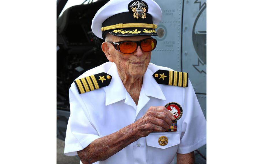 Retired Navy Capt. Richard “Robbie” Roberts receives the Lifetime Achievement Award In March 2021, from the Naval Helicopter Association during a ceremony at Orlando Executive Airport. He died Friday, Aug. 13, at age 107.