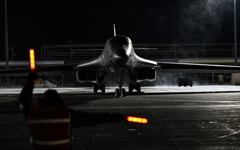 A B-1B Lancer assigned to the 34th Expeditionary Bomb Squadron prepares to depart Ellsworth Air Force Base, S.D., Jan. 31, 2023.