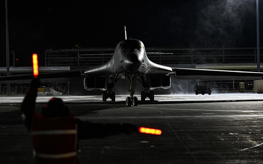A B-1B Lancer assigned to the 34th Expeditionary Bomb Squadron prepares to depart Ellsworth Air Force Base, S.D., Jan. 31, 2023.