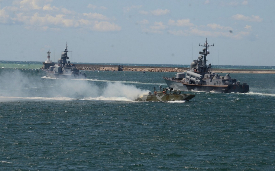 Russian navy ships navigate in coastal waters of the Black Sea in 2019. Russia has launched an amphibious assault along Ukraine’s eastern shore, a senior U.S. defense official said Feb. 25, 2022.