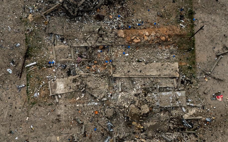 An aerial view of a destroyed building.