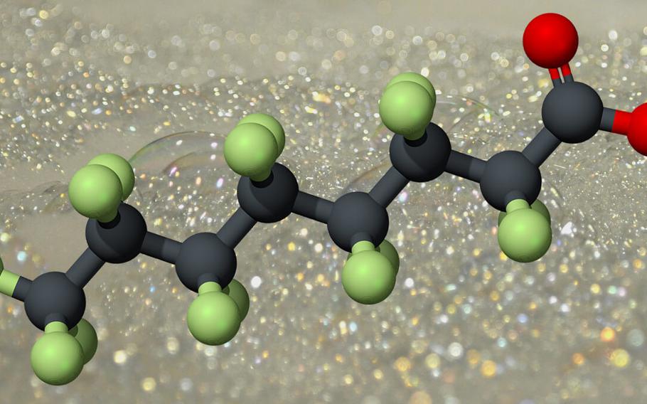 A 3-D model of the PFAS molecule. A manmade chemical, PFAS, and its components PFOS and PFOA, are found in firefighting foam, also known as aqueous film forming foam, or AFFF, on some U.S. military bases in Japan.