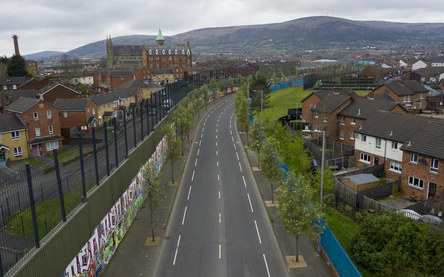An ariel view of the so-called Peace Wall on April 3, 2023, in Belfast, Northern Ireland. The Good Friday Agreement, signed on April 10, 1998, ended most of the violence during the decades-long conflict known as The Troubles. The Peace Walls protect the communities from attacks from one another, some have been removed but in some instances other walls have become higher and longer since the Good Friday Agreement. 