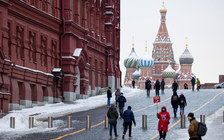Saint Basil's Cathedral on Red Square is seen in Moscow on Dec. 8, 2021. Concern among some big European nations about economic fallout raises the risk of a split with the U.S. on how strongly to hit Russia with fresh sanctions if it invades Ukraine.