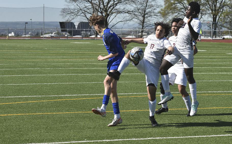 Lakenheath freshman Alexander Davis traps the ball during a game against Wiesbaden on April 6, 2024 in Wiesbaden, Germany.