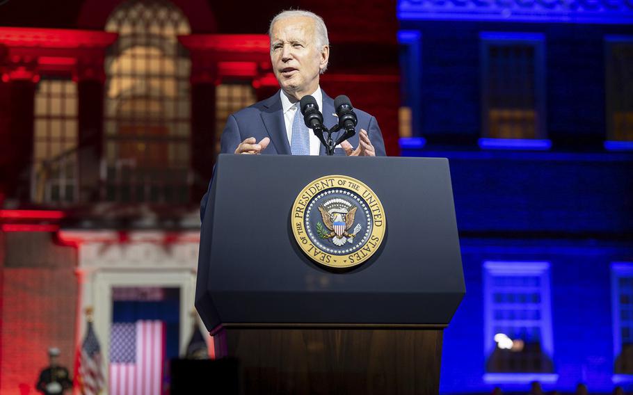 President Joe Biden speaks in Philadelphia on Thursday, Sept. 1, 2022. 