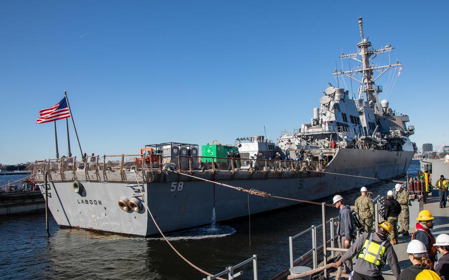 The Arleigh Burke-class guided-missile destroyer USS Laboon conducts a dry-docking at General Dynamics NASSCO-Norfolk in Virginia.