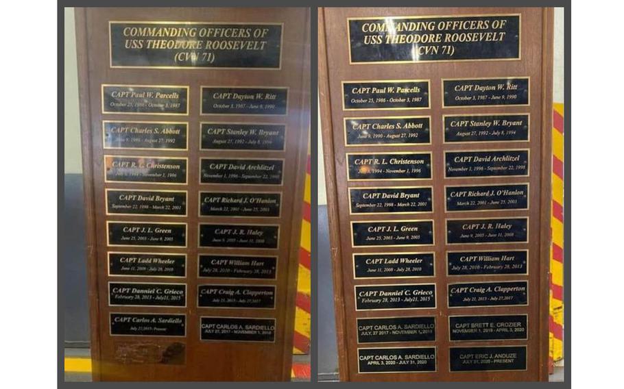 The photo on the left, which was uploaded to the JOPA Facebook page, shows a plaque aboard the USS Theodore Roosevelt that is missing former commanding officer Capt. Brett Crozier’s nameplate. The image on the right shows the plaque, which was updated Oct. 22, 2020, to include all previous commanding officers of the aircraft carrier.