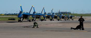 U.S. Navy F/A-18 Super Hornet aircraft assigned the Blue Angels taxi onto the flight line at Travis Air Force Base, Calif., March 14, 2024. 