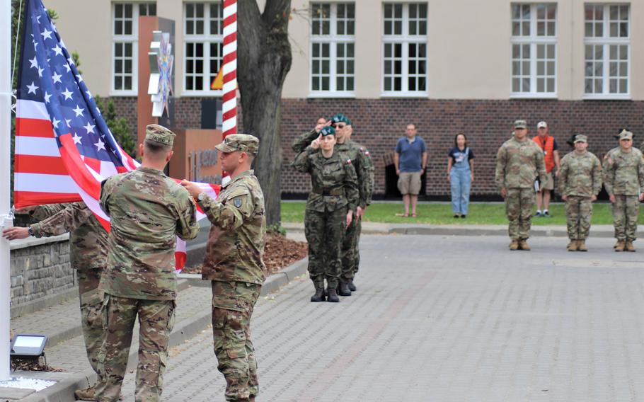 Polish and U.S. personnel raise the flag in Poznan, Poland on July 2, 2021. The compound will be renamed Camp Kosciuszko during a ceremony on July 30, 2022. Brig. Gen. Thaddeus Kosciuszko, a Polish national hero, came to the aid of the United States in 1776 when he joined the war effort against the British.