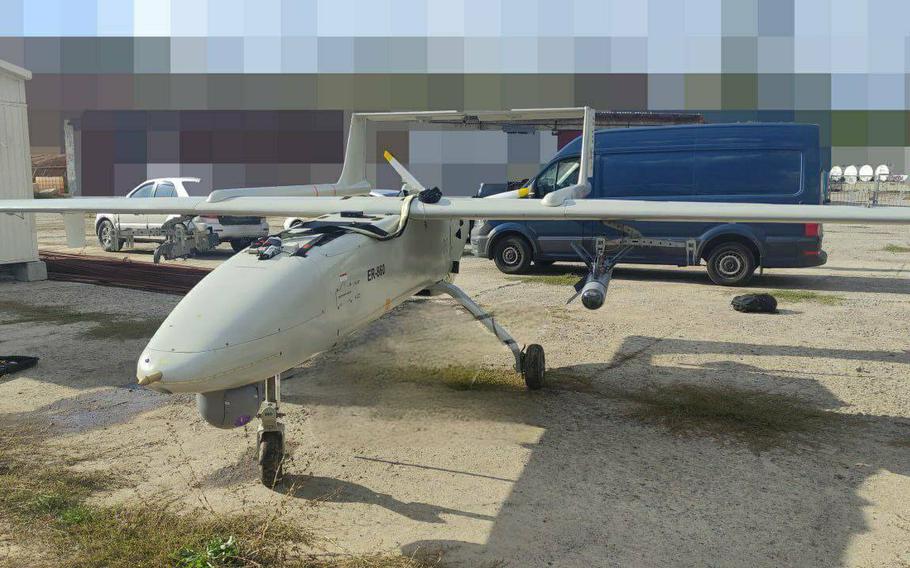 An Iranian Qods Mohajer-6 drone, posted on Twitter by the Ukraine Defense Ministry Oct. 3, 2022. Ukraine officials said the drone was launched to coordinate an attack on Odesa.