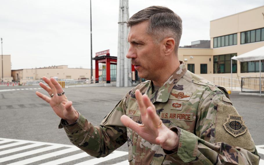 Maj. Gen. John Klein, commander of the Air Force Expeditionary Center, speaks to airmen at Yokota Air Base, Japan, Tuesday, March 21, 2023.