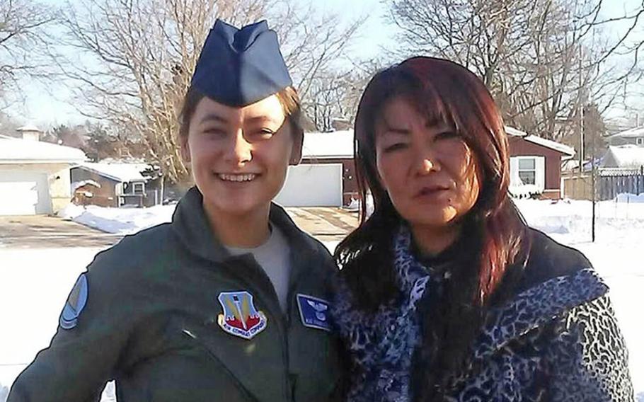 Air Force veteran Isabelle Hyon DuCharme poses with her mother, Hyon Chu, in January 2017.