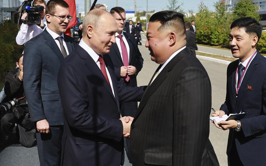 Russian President Vladimir Putin, left, and North Korea’s leader Kim Jong Un during their meeting at the Vostochny cosmodrome outside the city of Tsiolkovsky, about 125 miles from Blagoveshchensk in the far eastern Amur region, Russia, on Wednesday, Sept. 13, 2023.