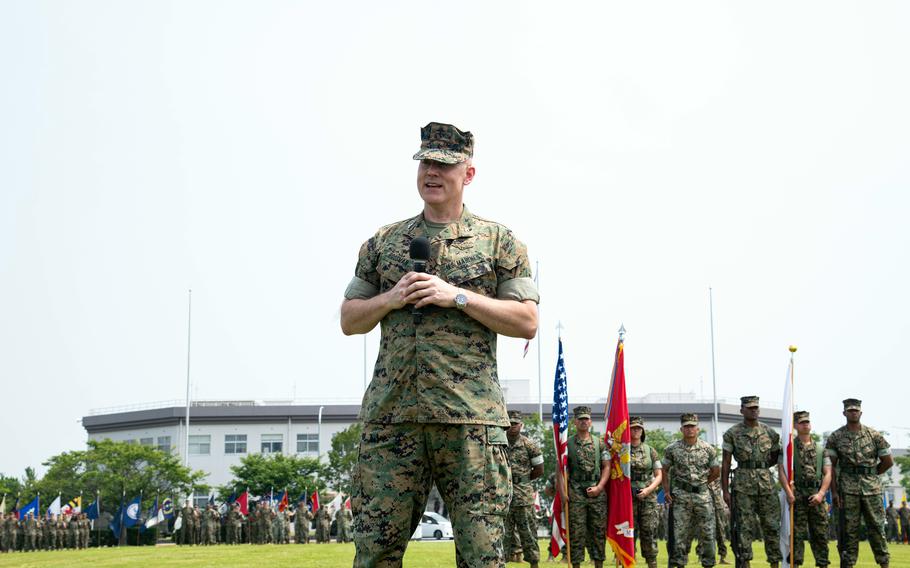Col. Kenneth Rossman gives a speech, 