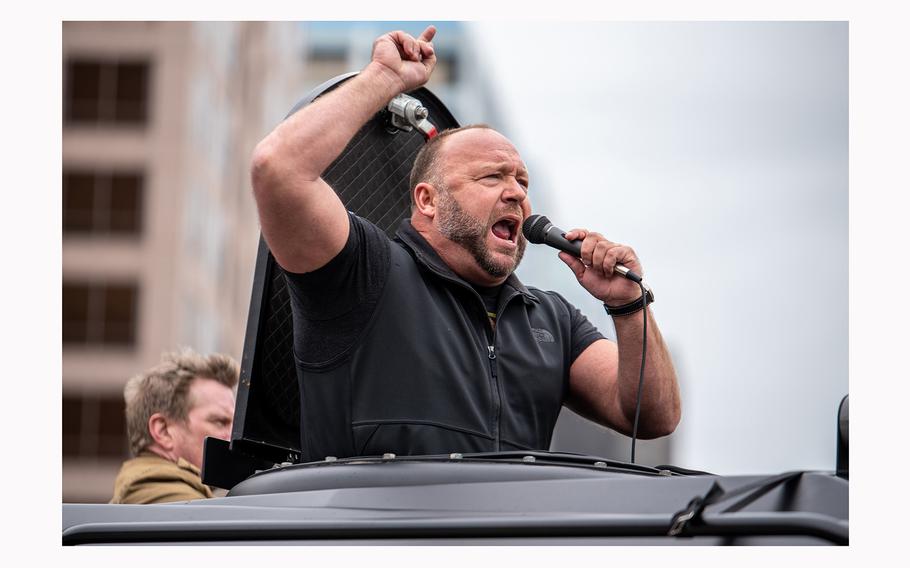 “Infowars” host Alex Jones arrives at the Texas State Capital building on April 18, 2020 in Austin, Texas.