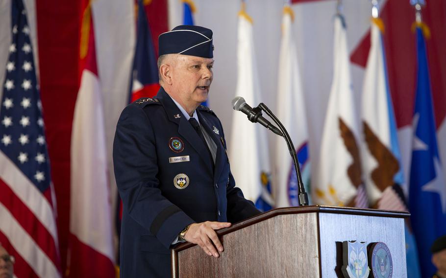 Gen. Glen D. VanHerck delivers comments to North American Aerospace Defense Command and U.S. Northern Command personnel during a combined change of command ceremony at Peterson Space Force Base, Colo., Monday Feb. 5, 2024.