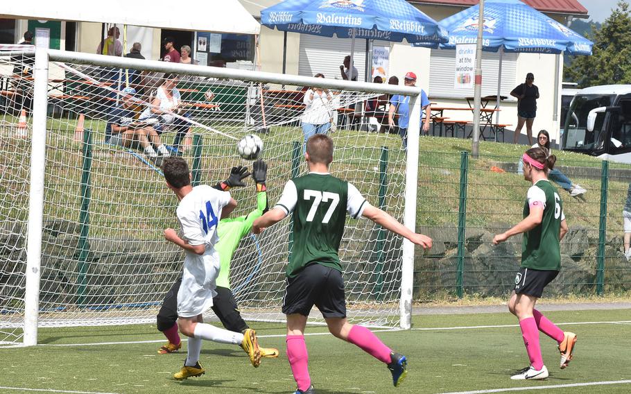 Sigonella's Gabriell Naselli scores for the Jaguars against AFNORTH on Monday, May 16, 2022, in the DODEA-Europe boys Division III soccer championships at Reichenbach, Germany.