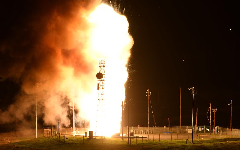 An Air Force Global Strike Command unarmed Minuteman III intercontinental ballistic missile launches during an operation test on Feb. 23, 2021, at Vandenberg Air Force Base, Calif. ICBM test launches demonstrate the U.S. nuclear enterprise is safe, secure, effective and ready to defend the United States and its allies. 