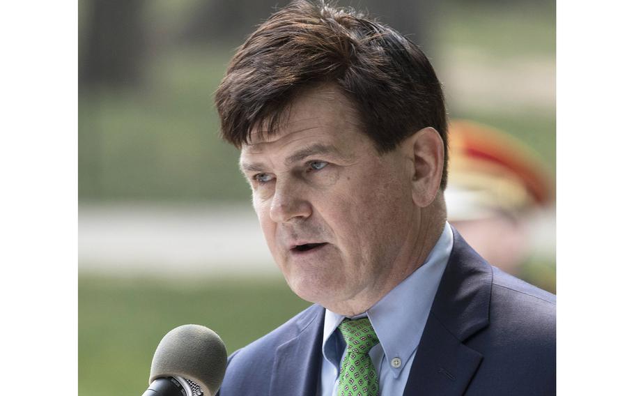 Elliott Roosevelt III, great-grandson of President Franklin D. Roosevelt, speaks during a ceremony dedicating the new FDR prayer plaque at the National World War II Memorial in Washington, D.C., on the 79th anniversary of the start of the D-Day invasion, Tuesday, June 6, 2023.