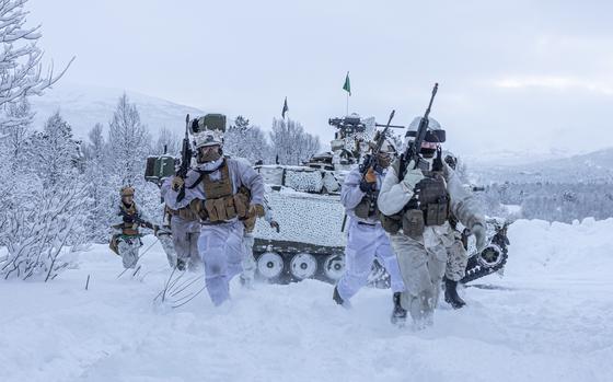 U.S. Marines and their allies conduct a breaching and clearing mission in Setermoen, Norway,  Feb. 7, 2024, in preparation for Nordic Response.